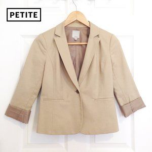 Halogen Stretch Cotton Single-Button Roll Sleeve Tan Camel Petite Blazer